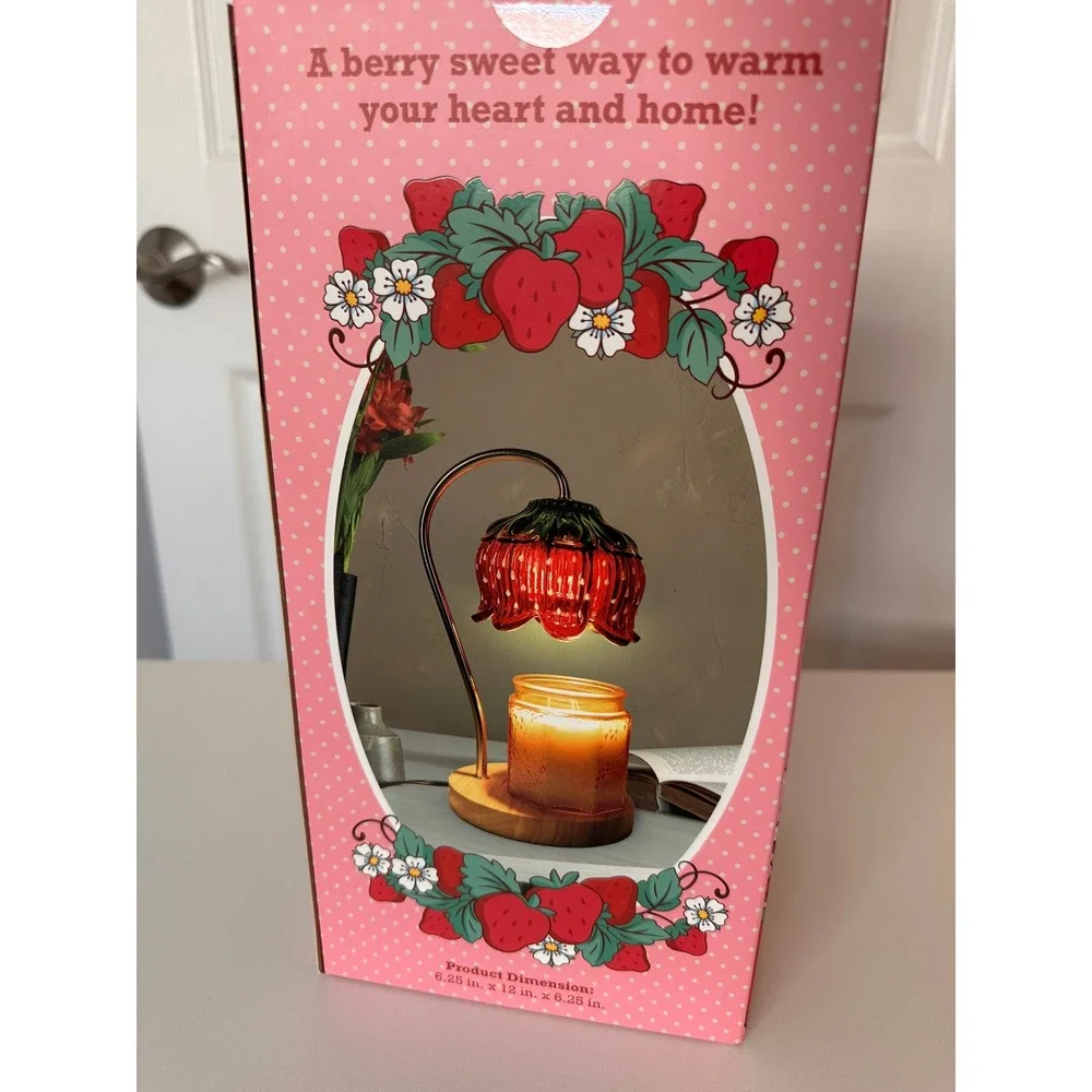 Strawberry Shortcake Candle Warmer Lamp Red Pink New Glass Shade Wood Base Timer